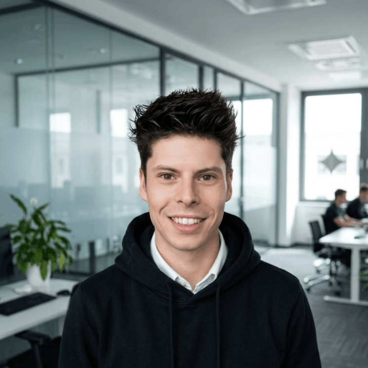 Marcel Haberstock, Co-Founder und Leiter Vertrieb bei Callmify, lächelt in einem modernen Büro