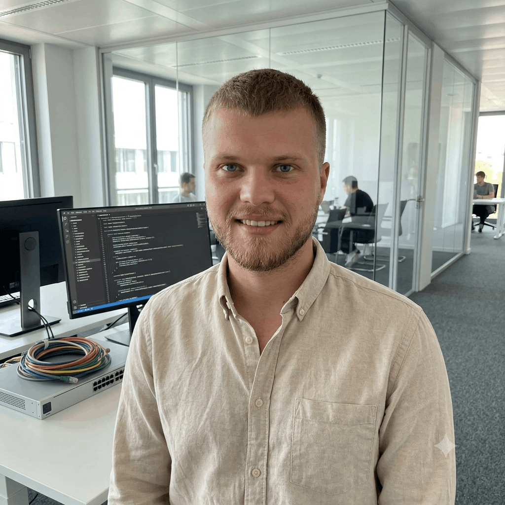 Thomas Kin, Co-Founder und KI-Spezialist bei Callmify, vor einem Monitor mit Code